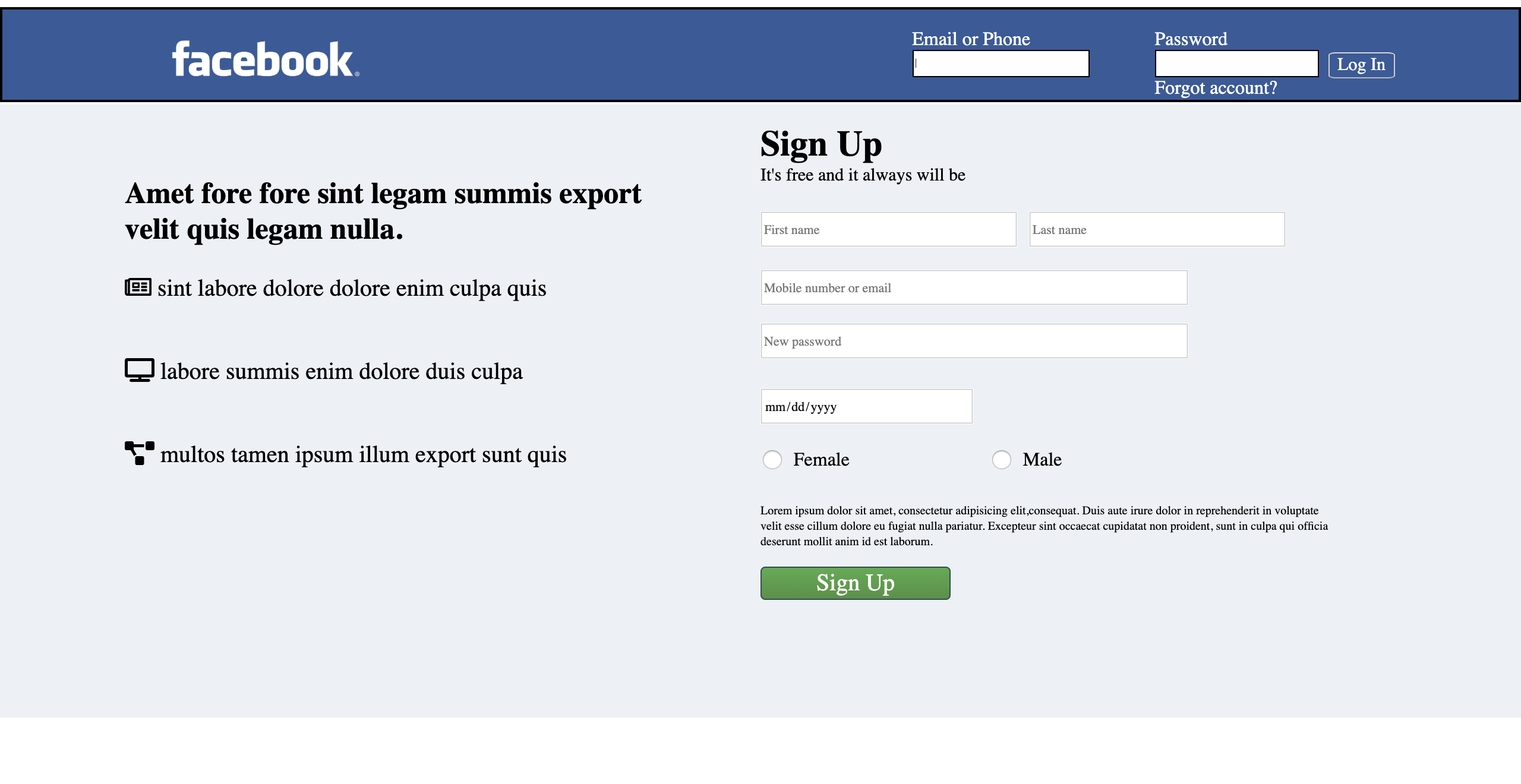 facebook login recreated by Kaia Walters